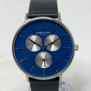 Kenneth Cole Watch Men 40mm Silver Tone Day Date Blue Dial Leather New Battery